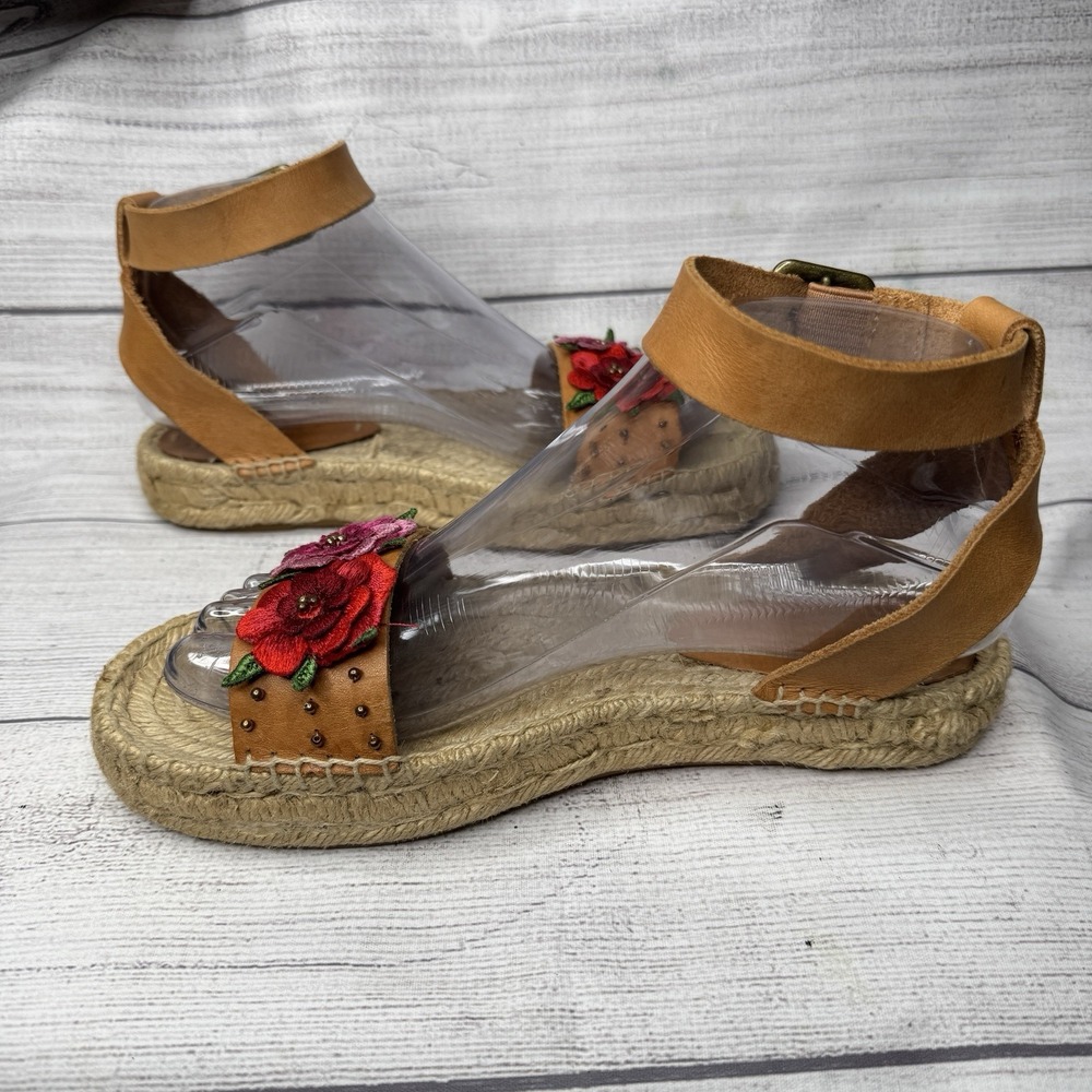 Soludos x Anthropologie Bahia Brown Leather Floral Espadrille‎ Sandals Size 6.5 - Picture 2 of 8